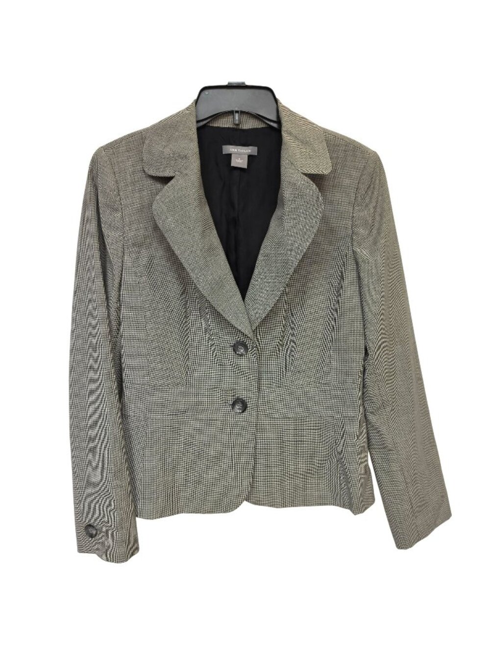 Ann Taylor 100% Virgin Wool Houndstooth Blazer Gray Black Size 8 Tailored Lined